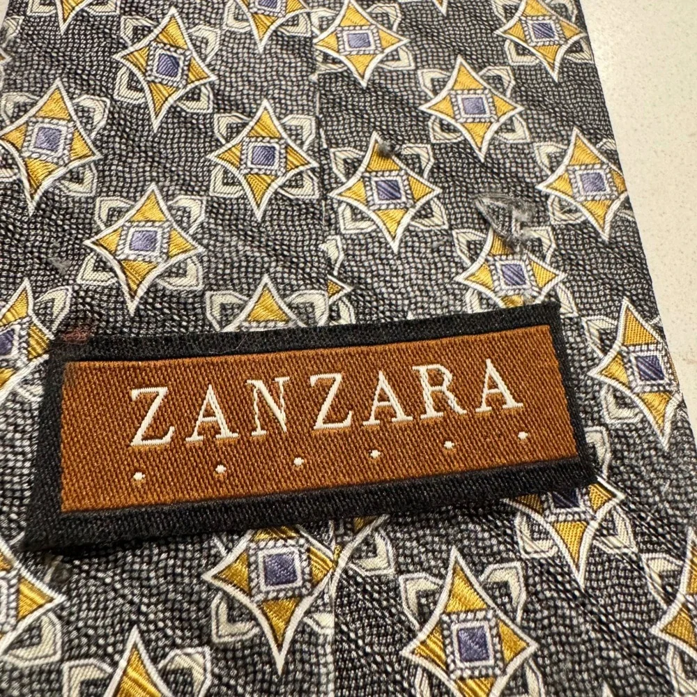 Zanzara Mens Silk Necktie Charcoal Grey Gold Geometric Star Pattern Hand Made